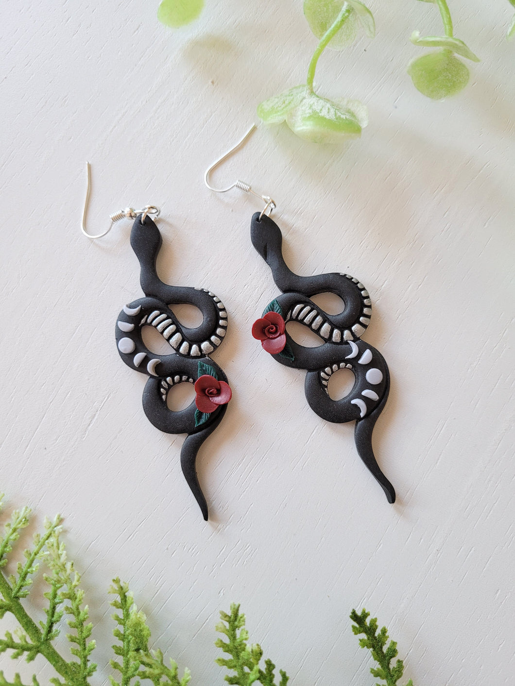 Black Moon Phase Floral Snake Dangles