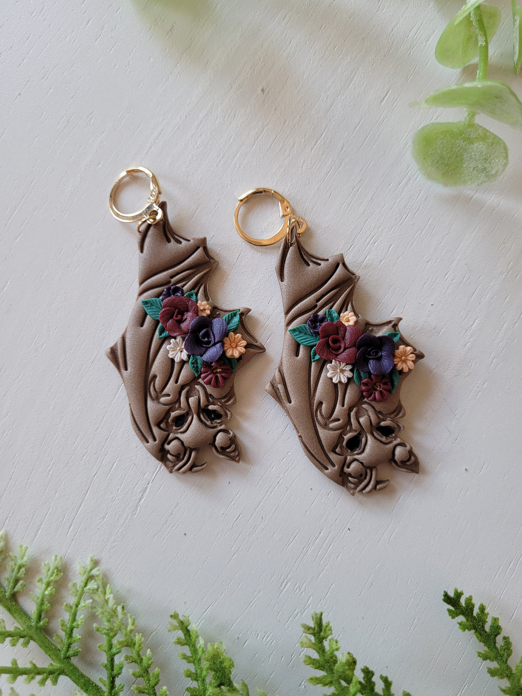 Hanging Brown Floral Bat Dangles