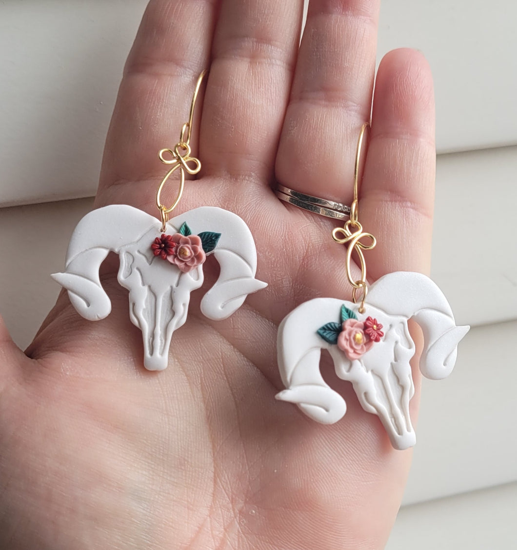 Goat Floral Skull Clay Dangle Earrings