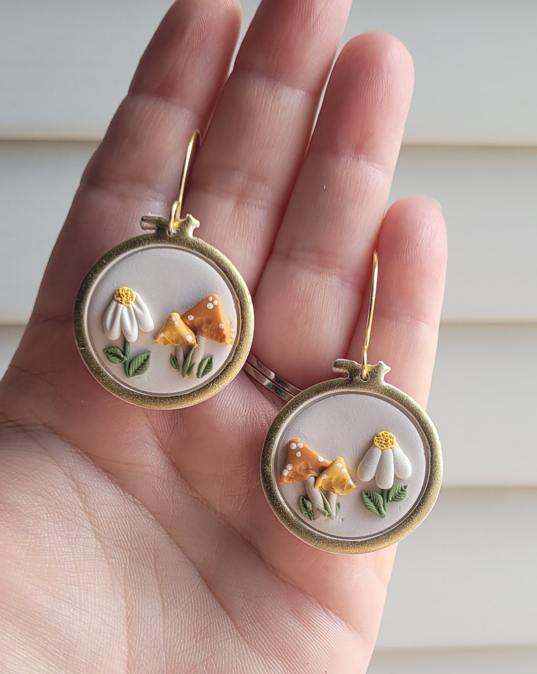 Floral Mushroom Embroidery Hoop Clay Dangles