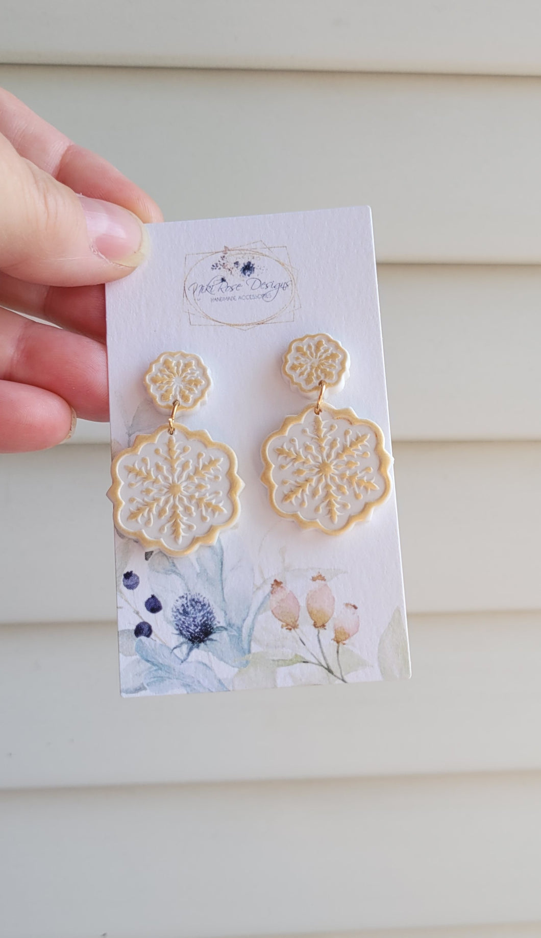 Gold & White Snowflake Stud Dangle Clay Earrings