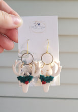 Load image into Gallery viewer, Gold Floral Reindeer Dangle Clay Earrings
