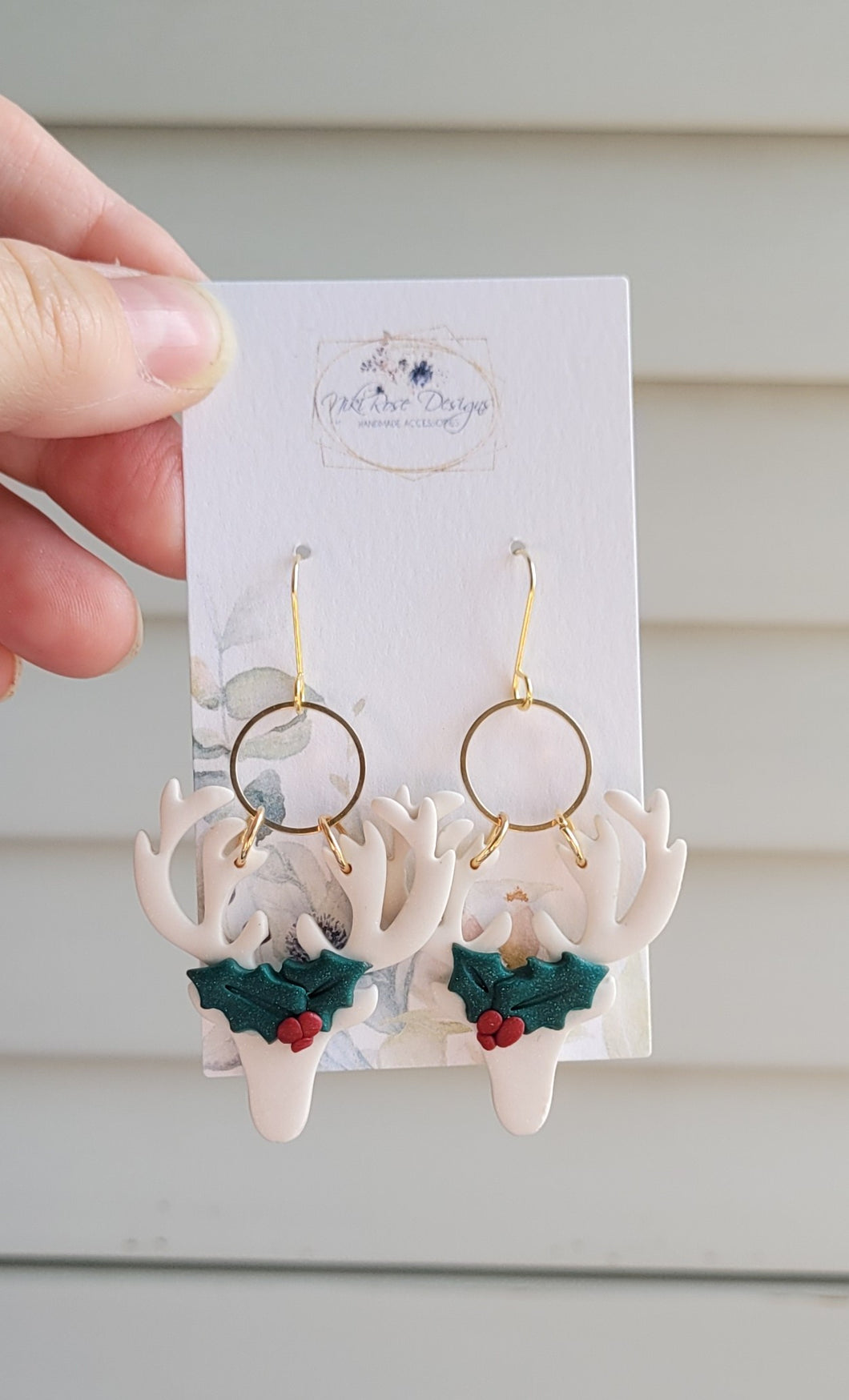 Gold Floral Reindeer Dangle Clay Earrings