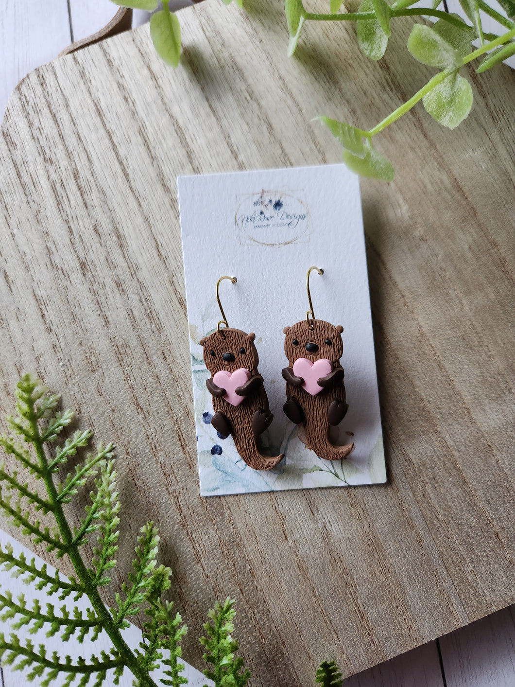 Pink Heart Sea Otters Dangle Clay Earrings