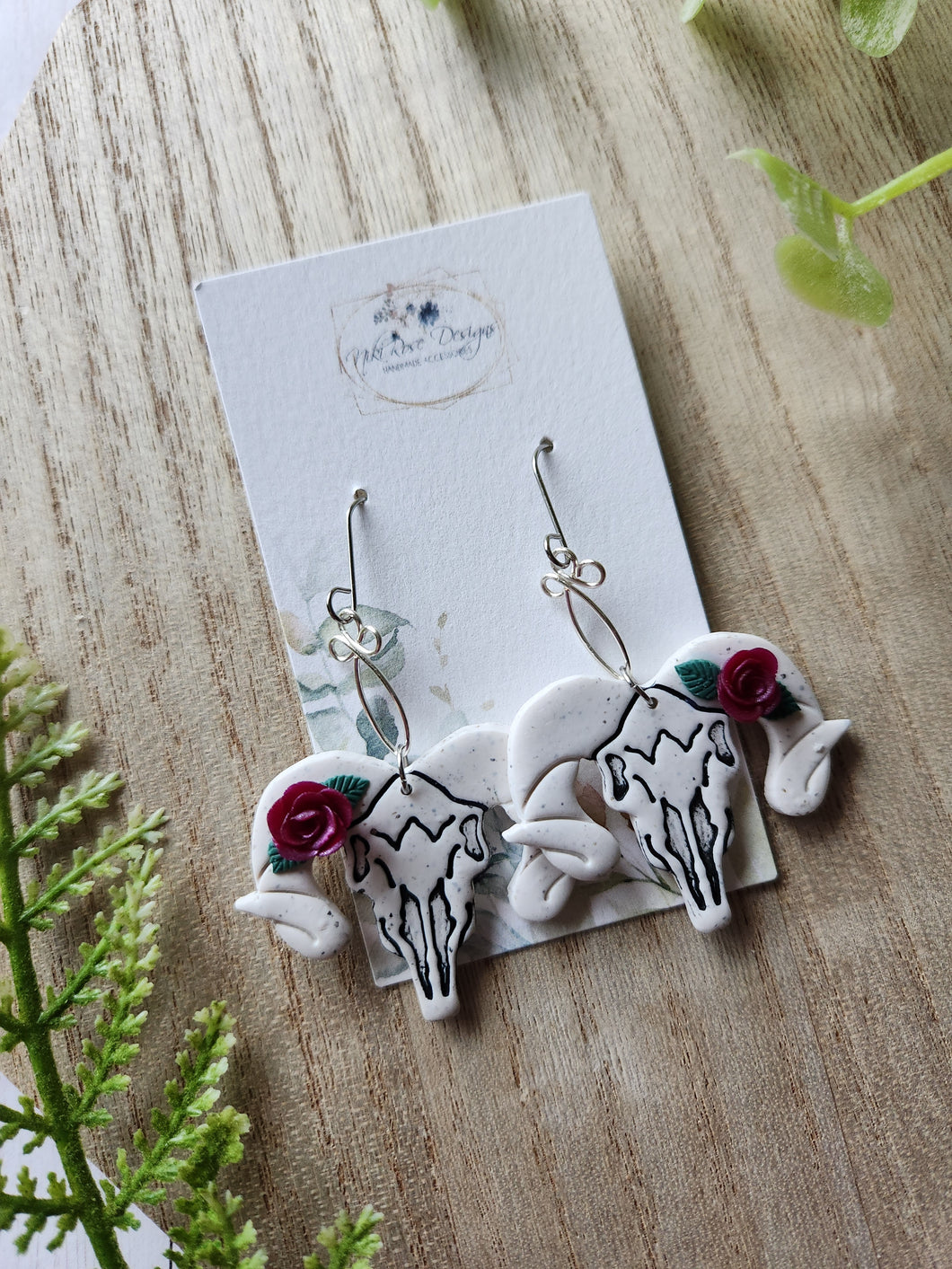 Silver Goat Floral Skull Clay Dangle Earrings