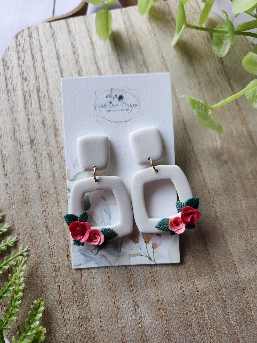 Pink Rose Floral Window Square Stud Clay Earrings