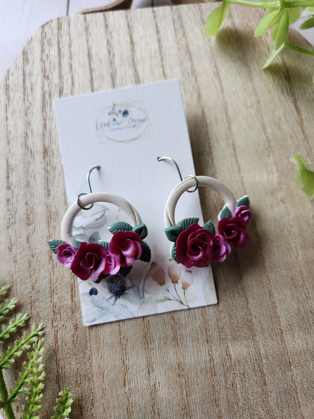 Purple Rose Floral Vine Hoops Clay Earrings