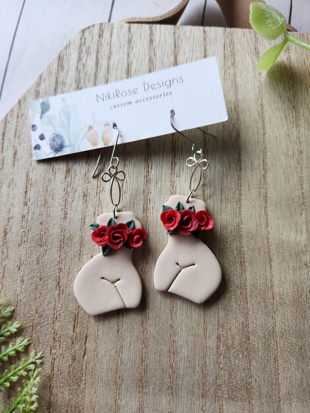 Red Rose Floral Woman Figure Clay Earrings