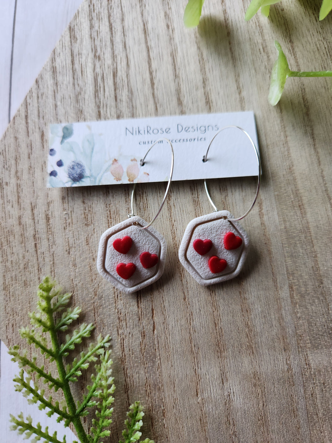 Red Heart Hexagon Clay Hoop Earrings