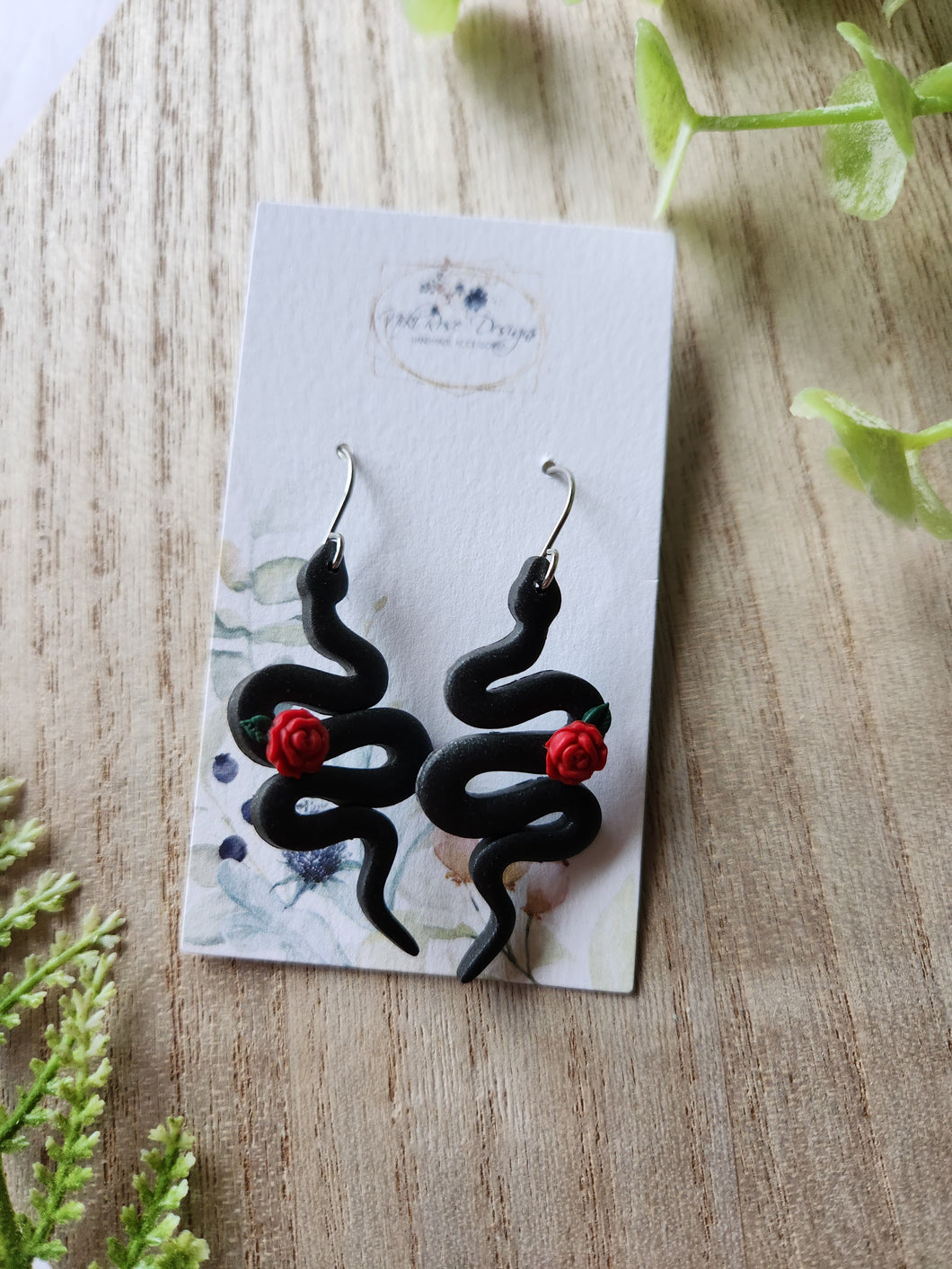 Small Rose Snakes Dangle Clay Earrings