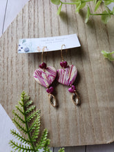 Load image into Gallery viewer, Purple Gold Marble Heart Rhinestone Dangle Clay Earrings
