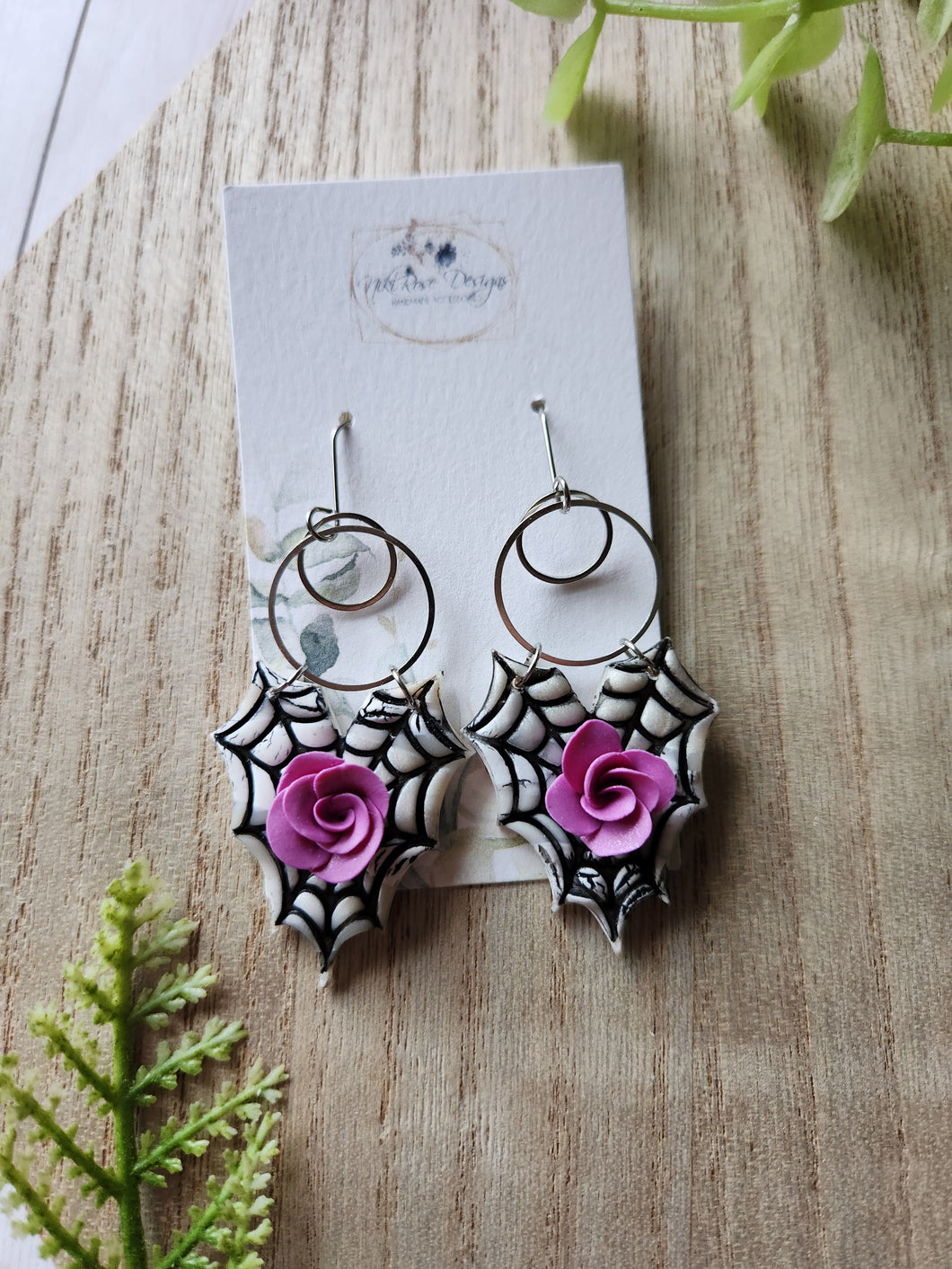 Purple Rose Marble Spiderweb Dangle Clay Earrings