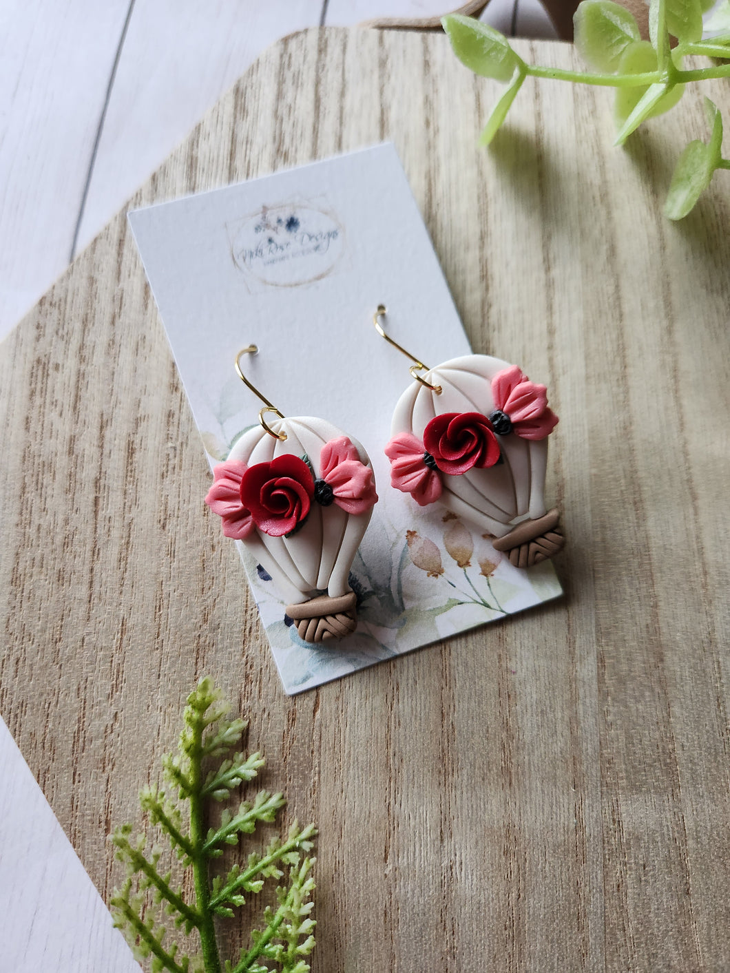 Pink Floral Hot Air Balloon Clay Earrings