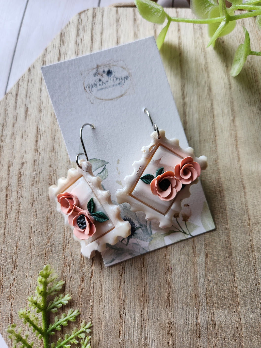 Peach Rose Floral Marble Postage Stamp Clay Earrings