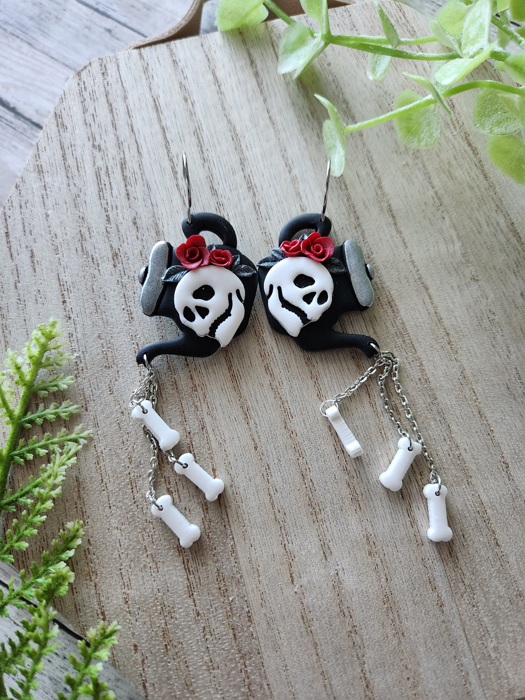 Skull 'n Bones Pouring Teapots Dangle Clay Earrings