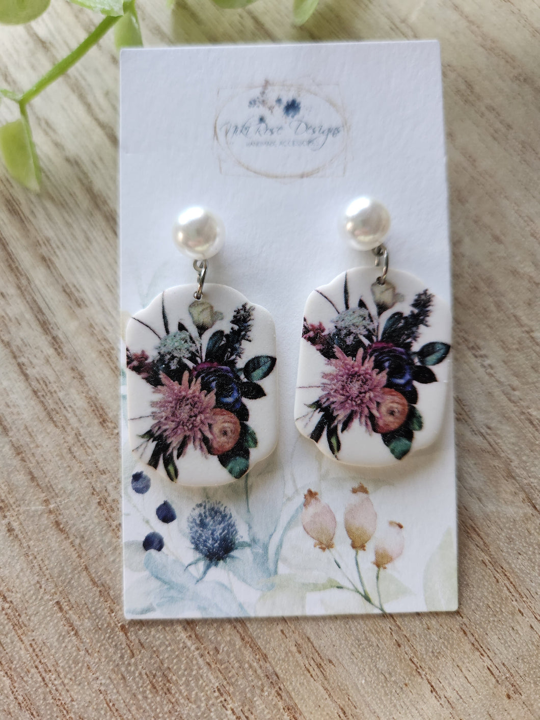 Purple Flower Bouquet Pearl Stud Clay Earrings