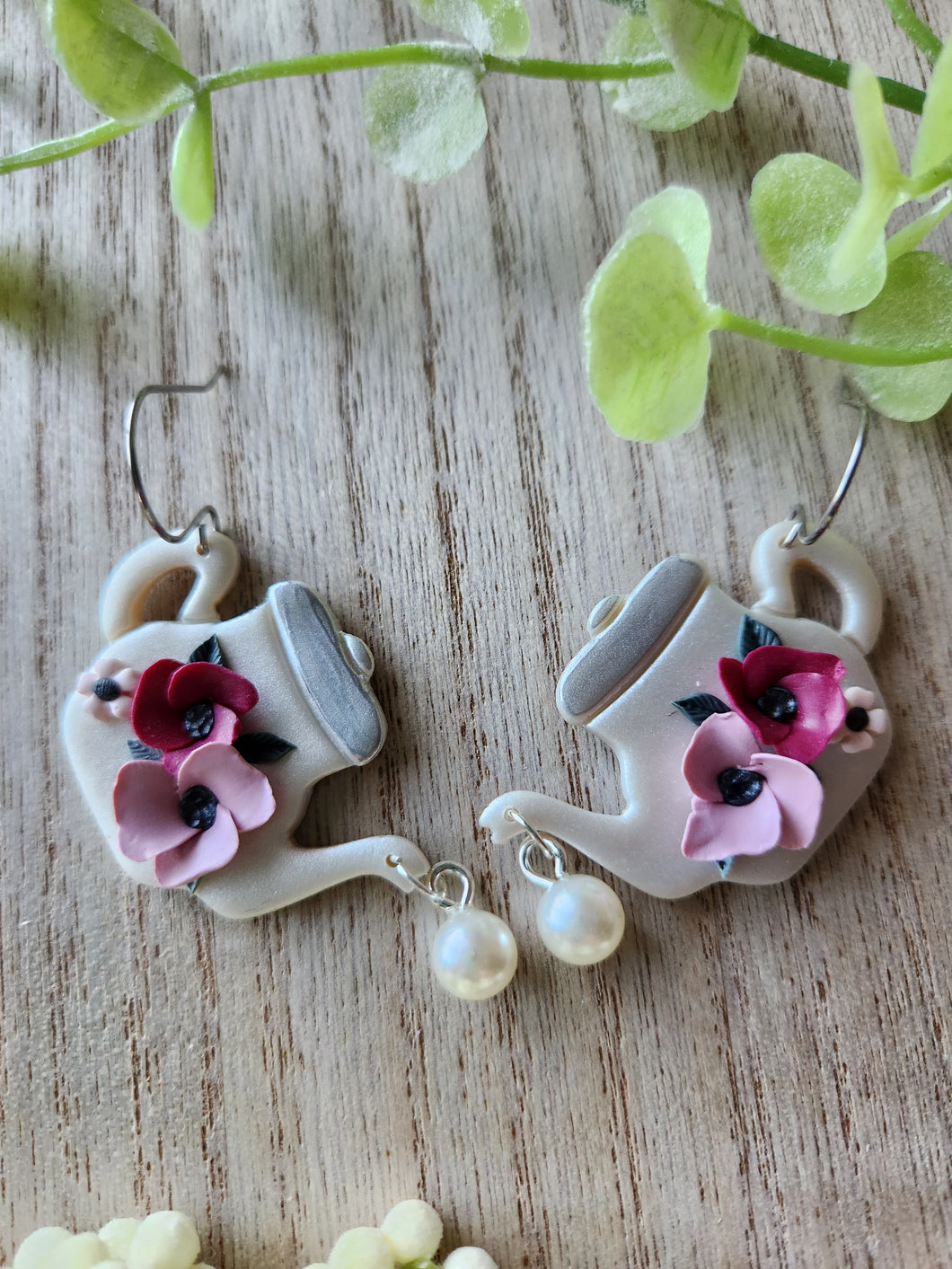 Pearl Pouring Teapots Dangle Clay Earrings