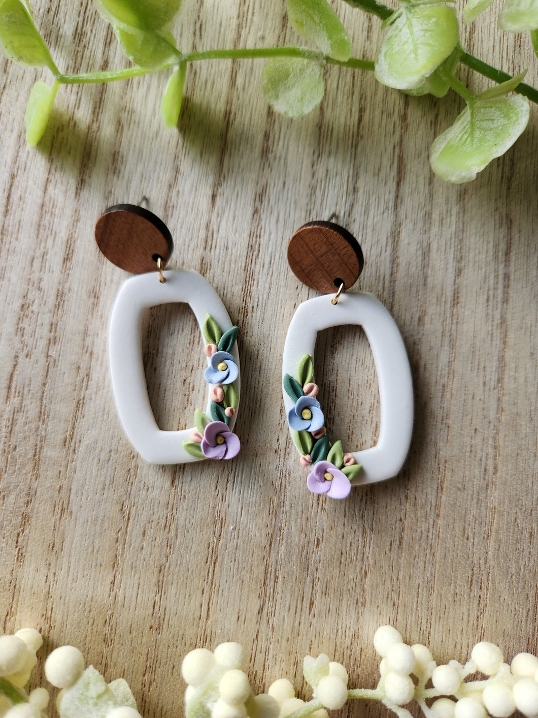 Blue Purple Floral Long Window Wood Stud Dangles