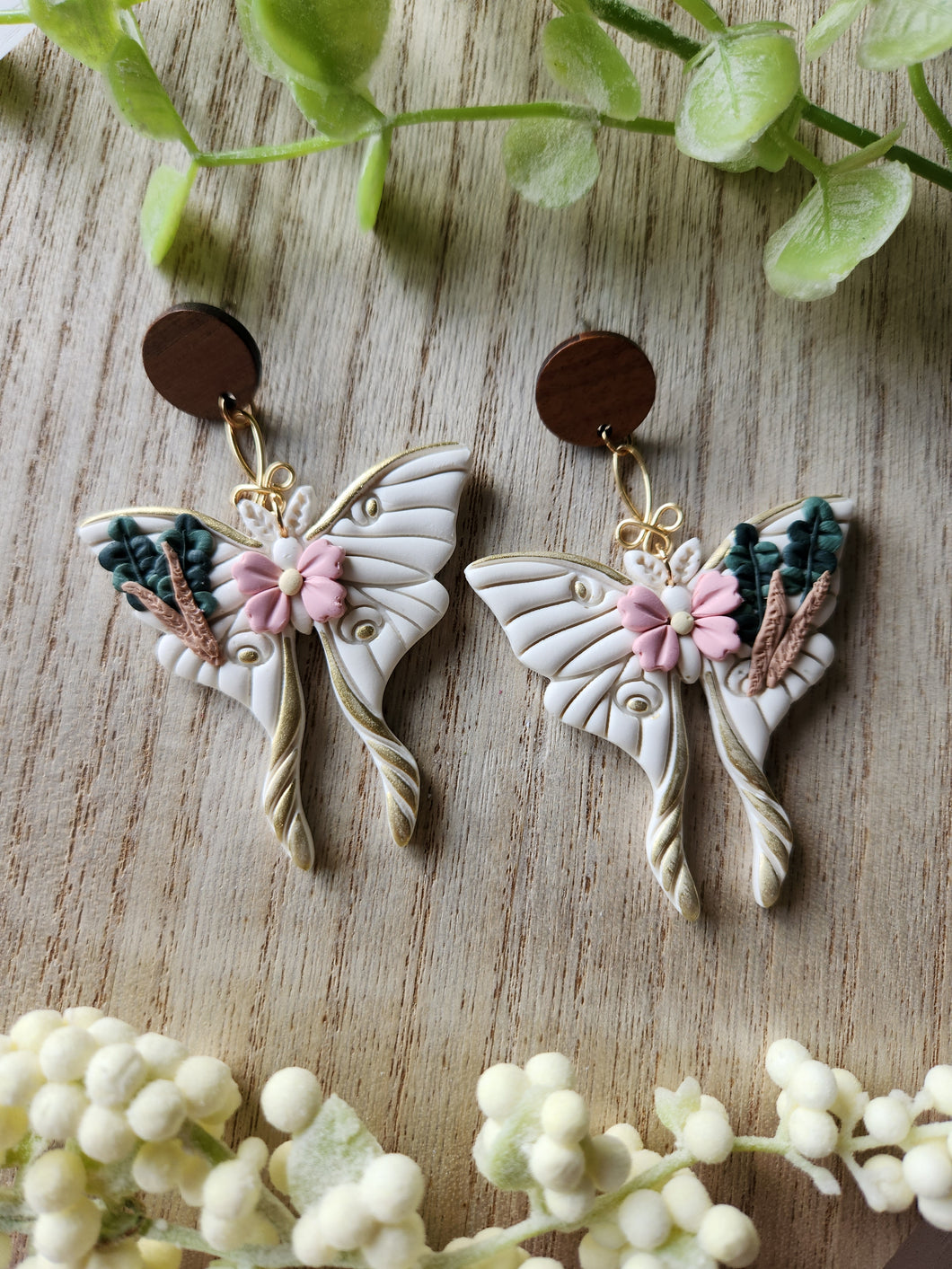 Wheat Eucalyptus Gold Moth Wood Stud Dangles