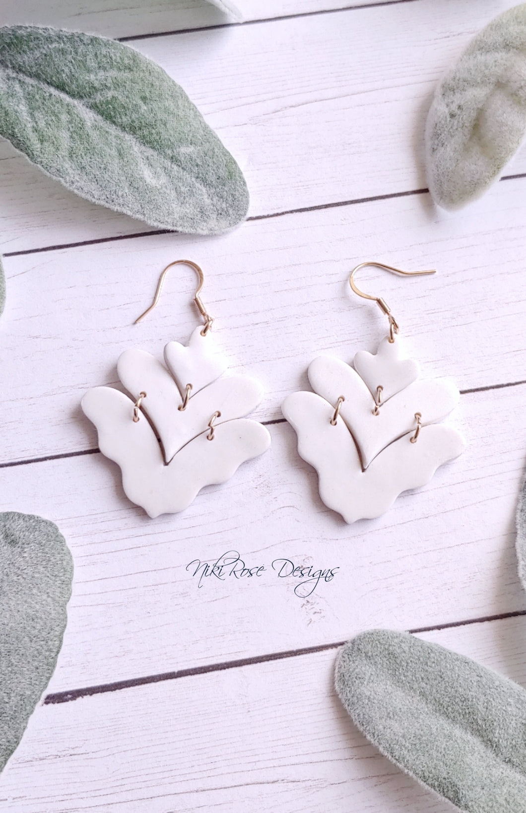 White Pearl 3 tiered Heart Wing Clay Earrings