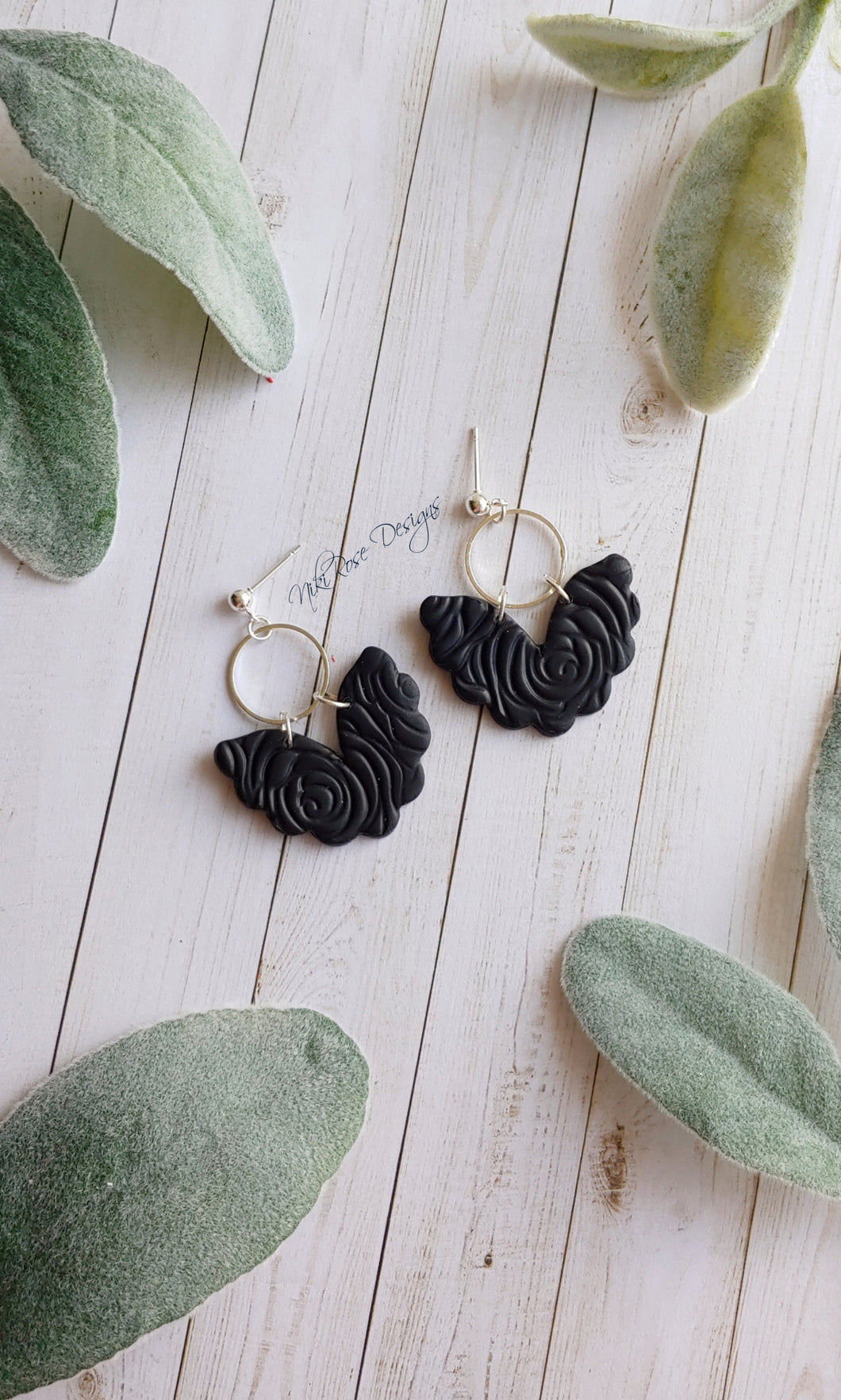 Black Embossed Angel Wings Clay Earrings