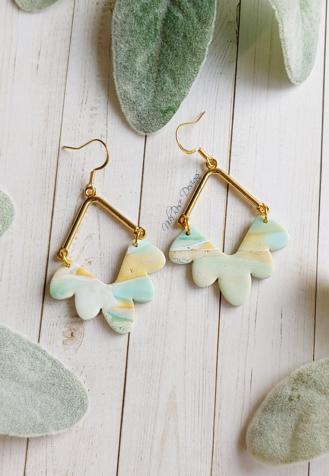 Aqua Gold Scroll V Dangles