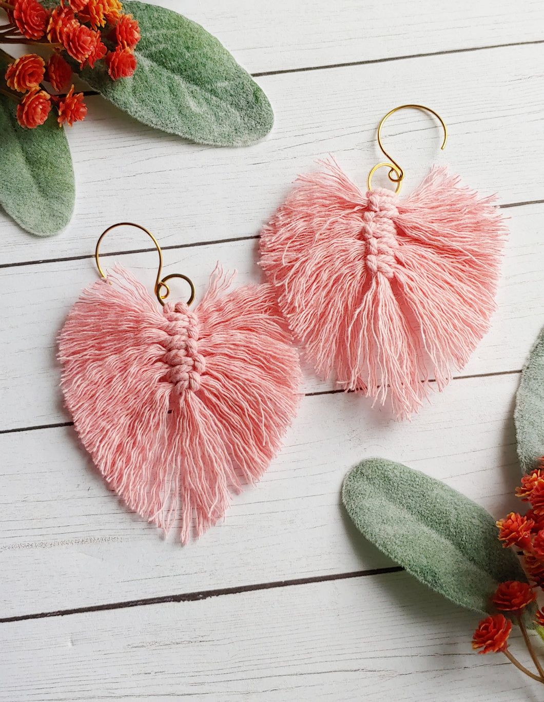 Pink Leaf Macrame Earrings