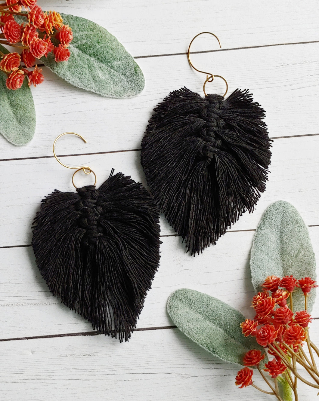 Black Leaf Macrame Earrings