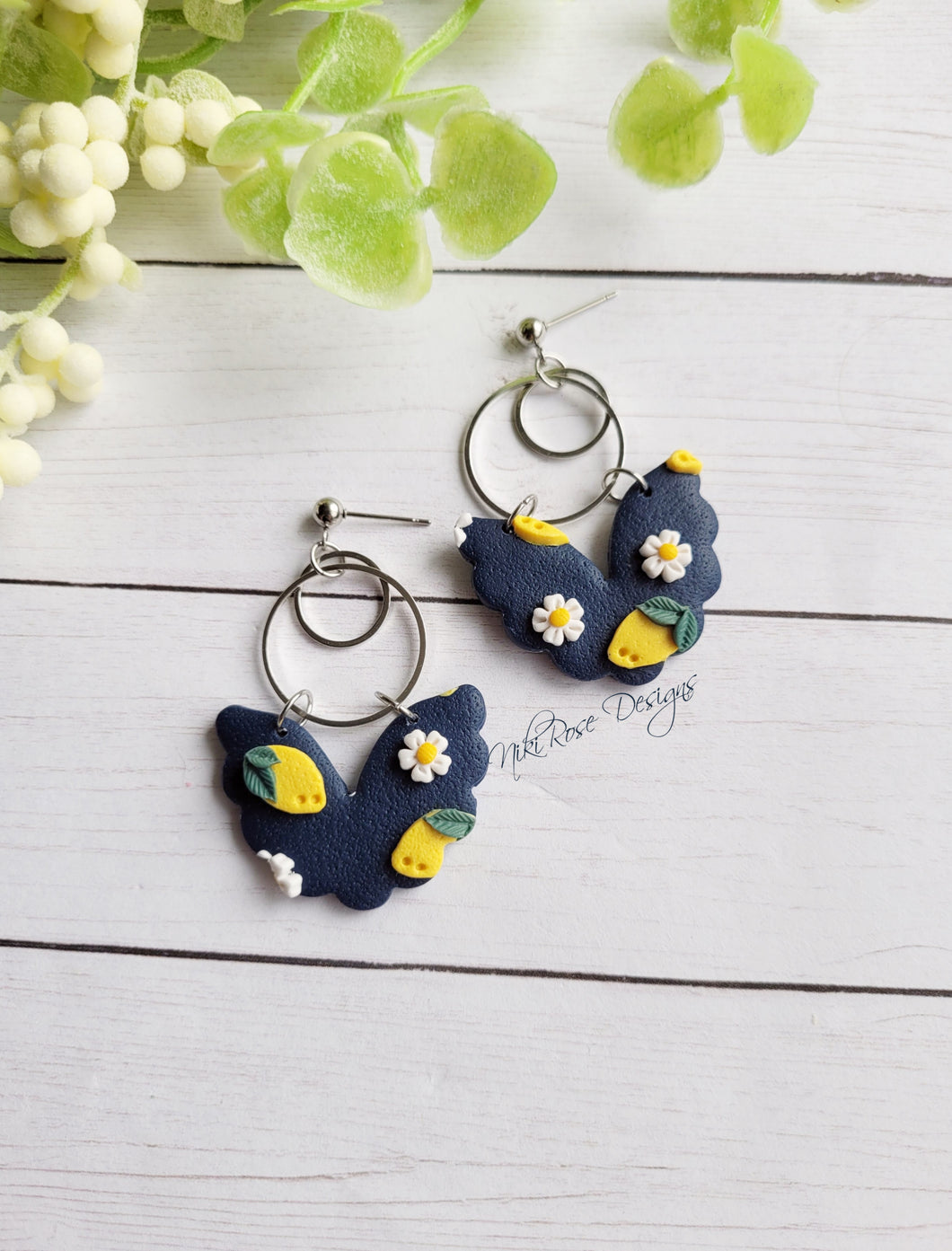 Navy Blue Lemonade Clay Angel Wing Hoop Dangle Earrings