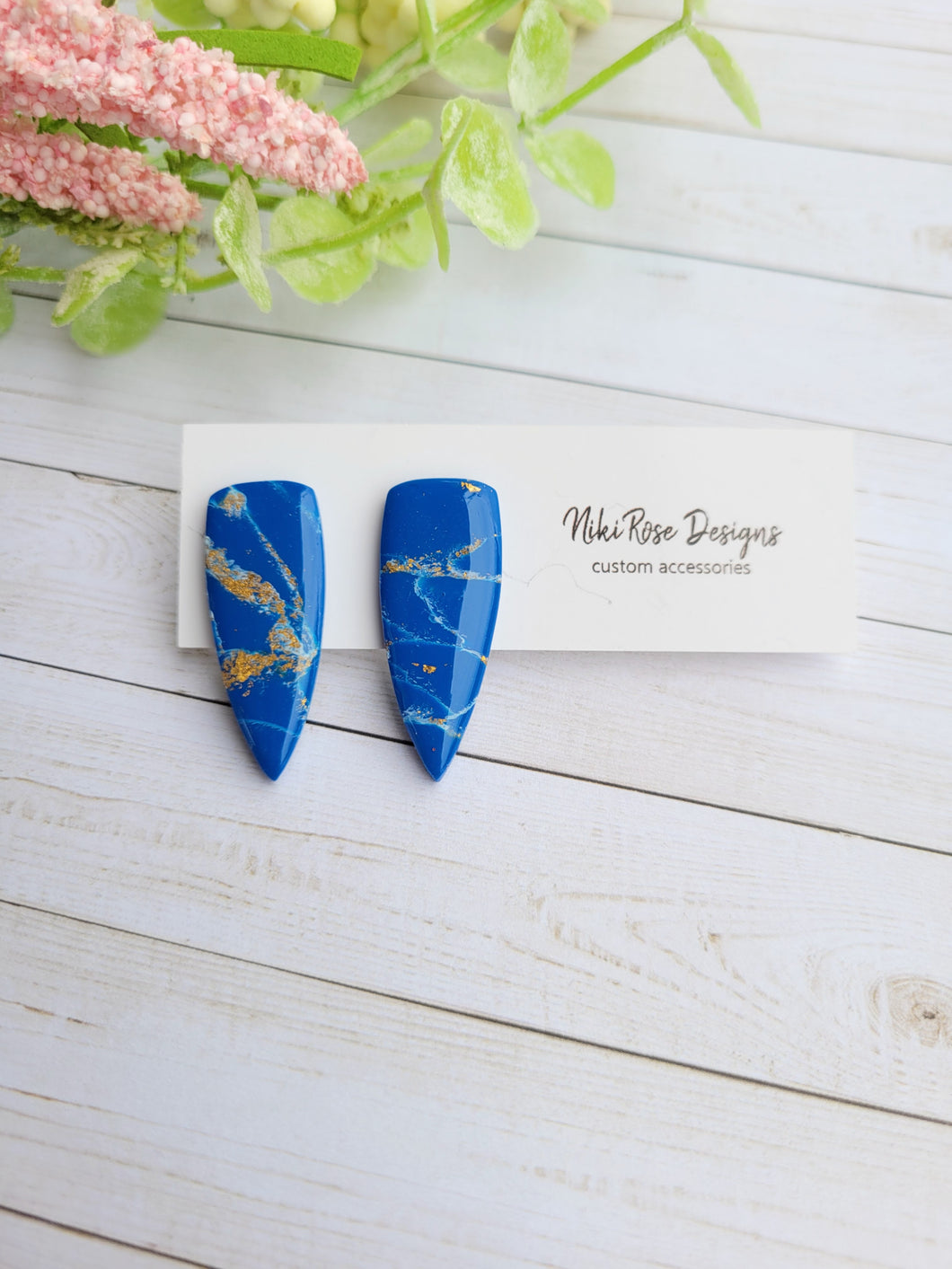 Royal Blue & Gold Marble Dagger Stud Earrings