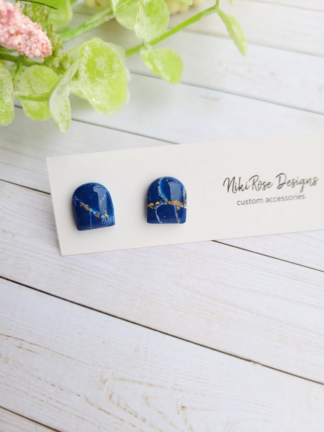 Navy Blue & Gold Marble Arch Stud Earrings