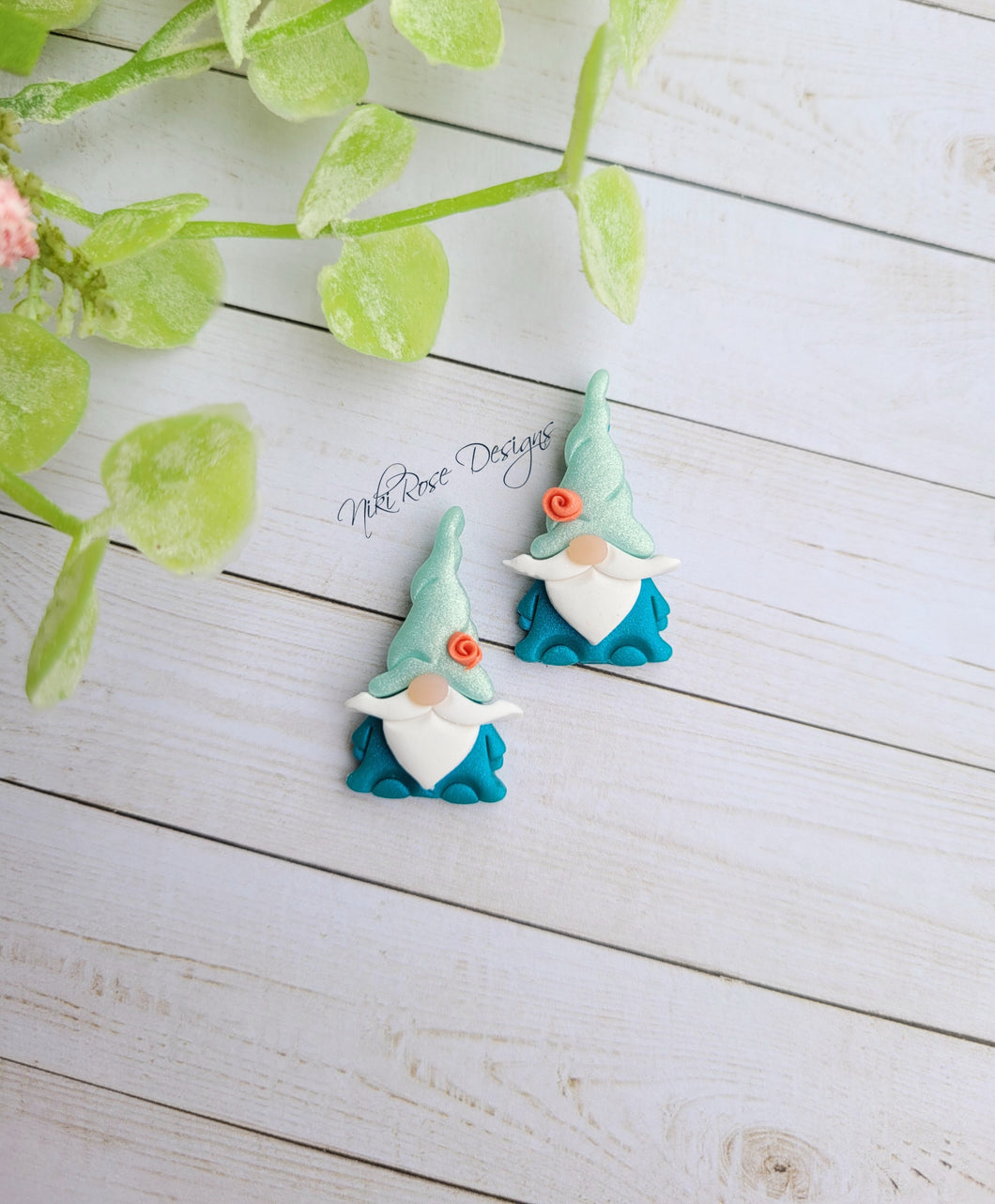 Small Teal Floral Gnomies Clay Hoop or Stud Earrings