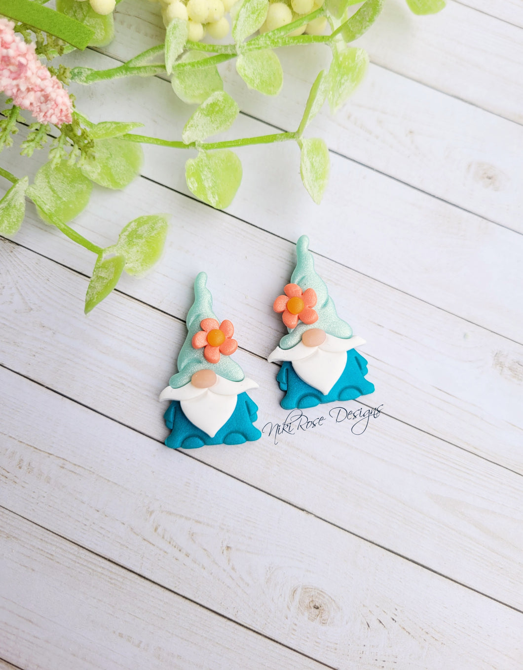 Teal Floral Gnomies Clay Hoop or Stud Earrings