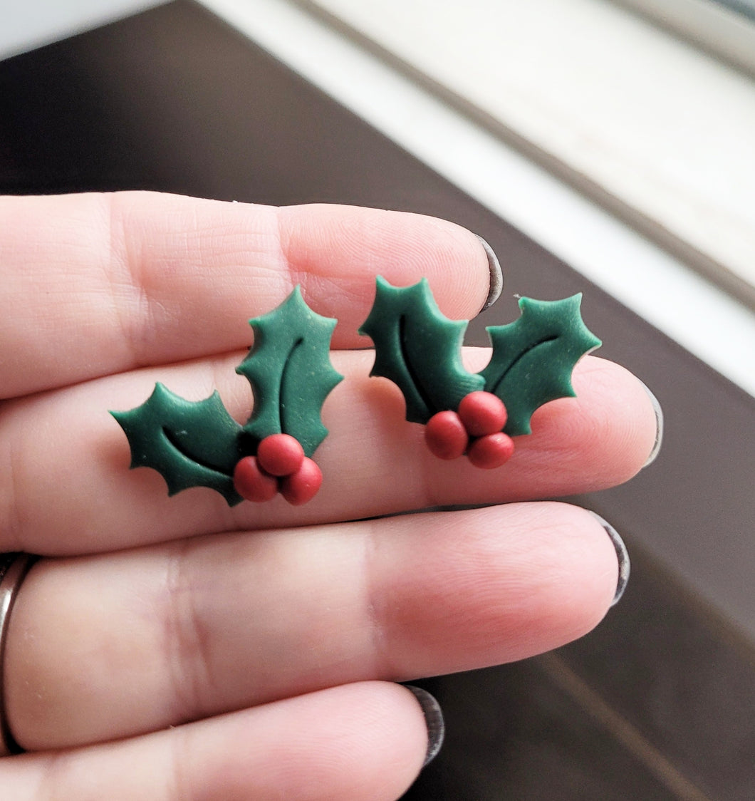 Holly Leaves Polymer Clay Stud Earrings