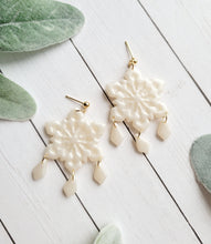 Load image into Gallery viewer, Pearl Snowflake Dangles Polymer Clay Earrings
