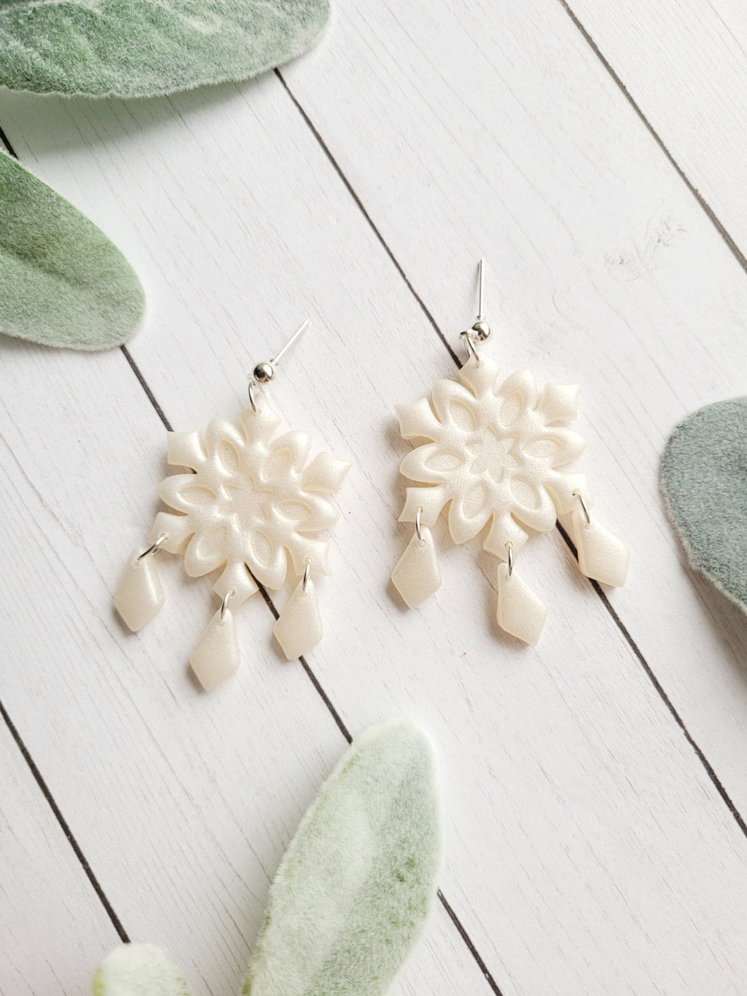 Pearl Snowflake Dangles Polymer Clay Earrings